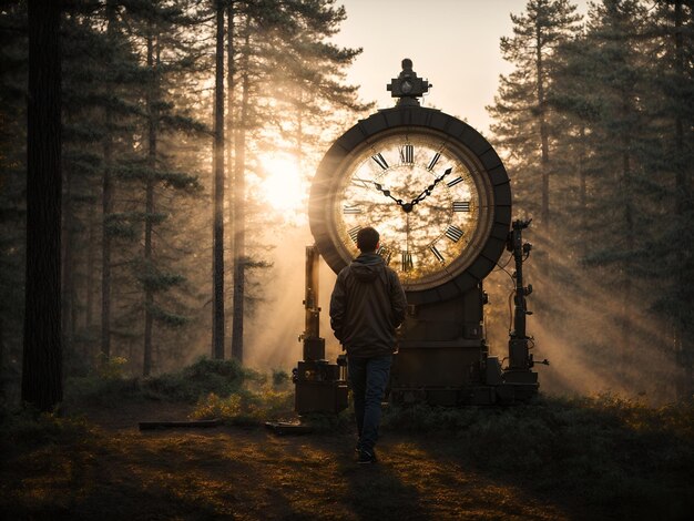 Foto silhouette umana e grande vecchio orologio nella foresta durante il tramonto