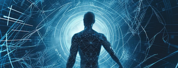 Human Silhouette with Futuristic Digital Network Background