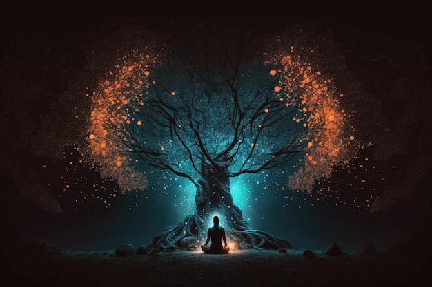 Human sitting in a meditation position under a tree. Light Particles art