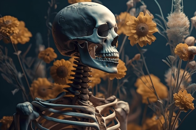 Human skeleton against the background of flowers