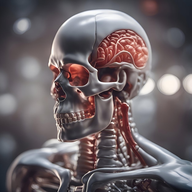 Human skeleton anatomy with highlighted brain 3d illustration Medical concept