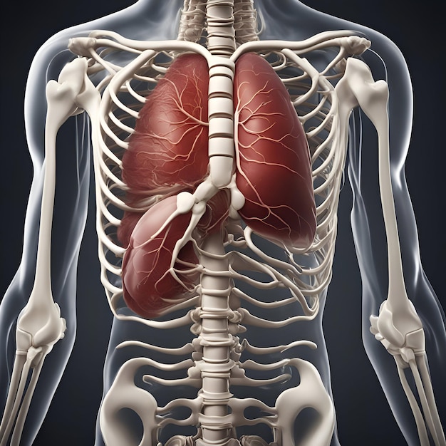 Human skeleton anatomy with lungs 3D illustration medical concept