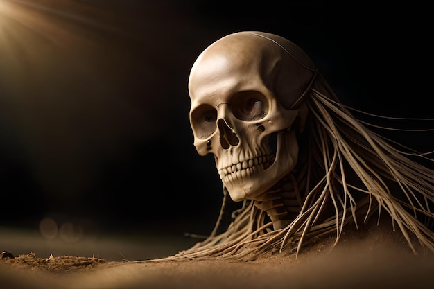 Скелет человека в пещере, сгенерированный AI