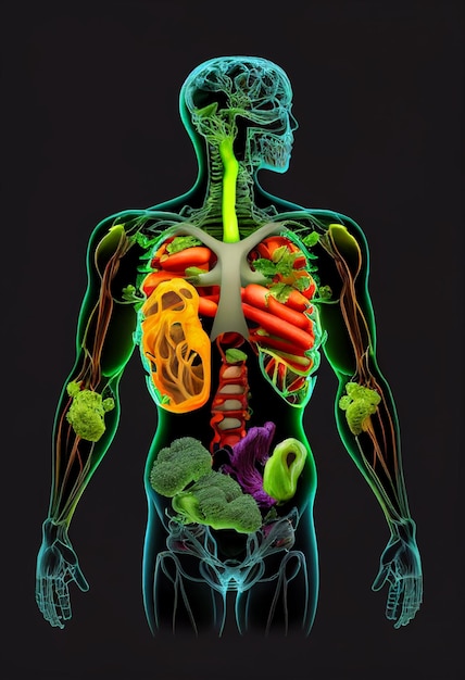 Human skeleton consists of fruits and vegetables concept healthy food