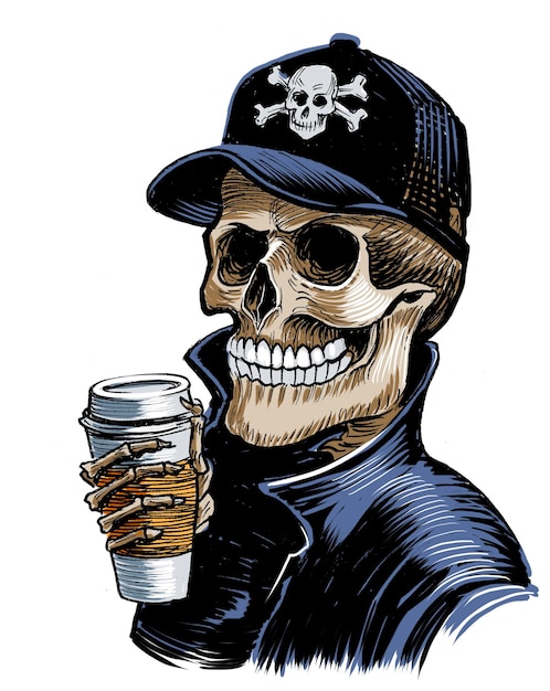 human skeleton drinking a cup of coffee handdrawn ink on paper and hand colored on tablet