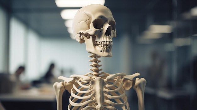 Human skeleton educational laboratory background Scientific body anatomy medical exhibit AI