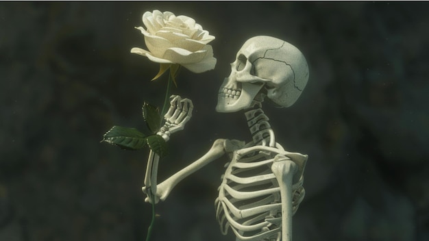 human skeleton holding white rose flower