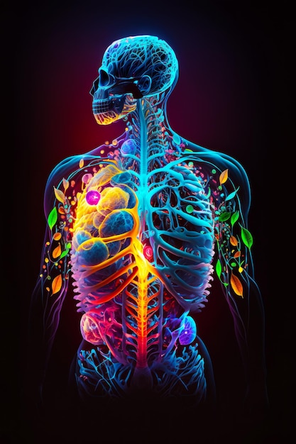 Фото Скелет человека показан с разноцветным светом, исходящим из его груди генеративный ии