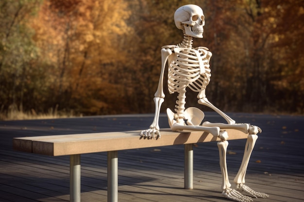 Human skeleton is sitting on wooden bench Generate Ai