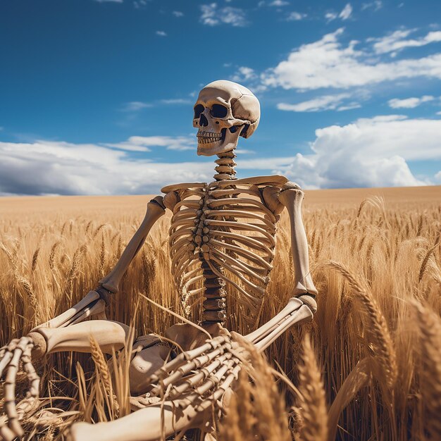 human skeleton posing in fields of grain