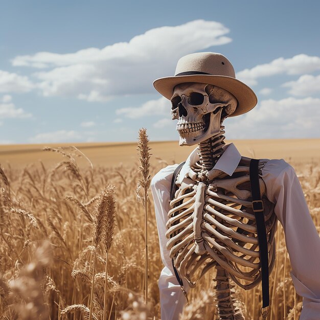 human skeleton posing in fields of grain