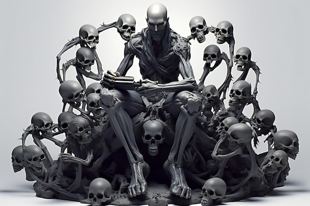 Human skeleton reading a book sitting on a pile of human skulls