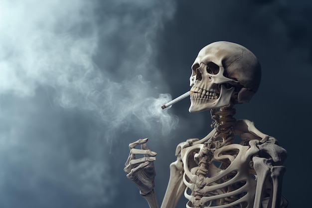 Human skeleton smoking cigarette on dark smoky background with copy space Bad habit and health risk