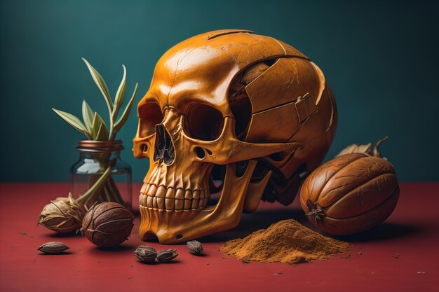 Photo a human skeleton on a solid color background ai generative