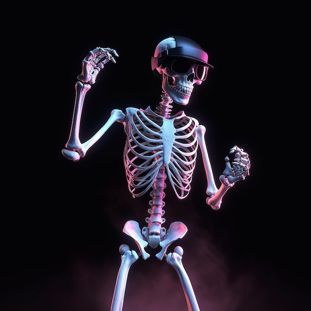 Human skeleton in virtual reality glasses dancing on a black background