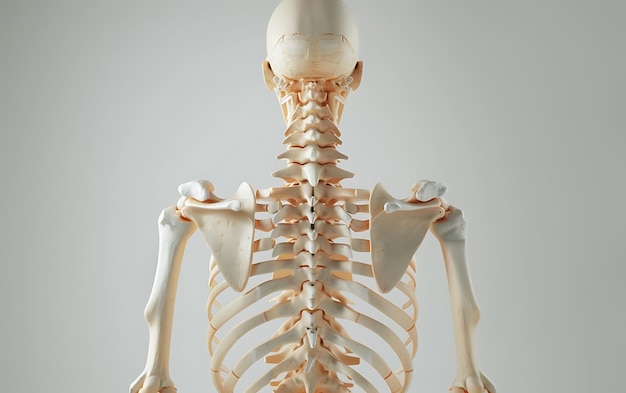 Photo a human skeleton with the bones labeled with the lower back