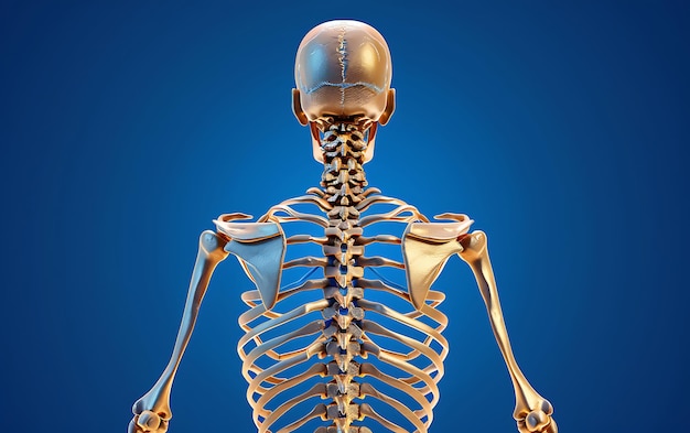 a human skeleton with a gold body and a blue background