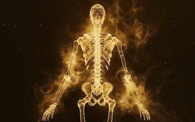 Человеческий скелет на желтом фоне с надписью "Человечный скелет"