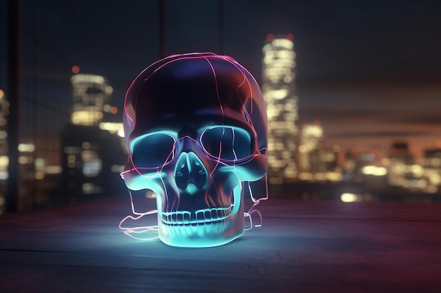Human skull 3D model illuminated by neon lines on the ground generative ai