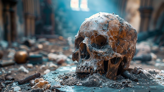 human skull against the background of an old destroyed building