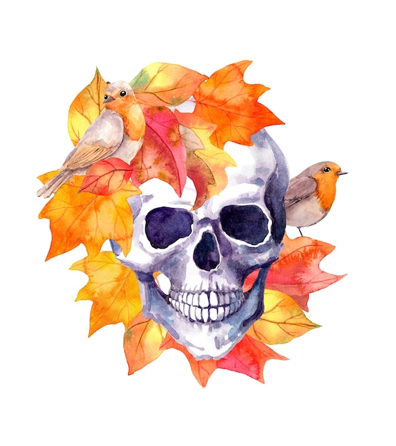Cranio umano in foglie di autunno con gli uccelli. acquerello