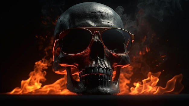 Human skull burning in fire on black background with copy space Halloween conceptgenerative ai