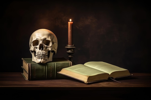 Human skull candle and old books on wooden table