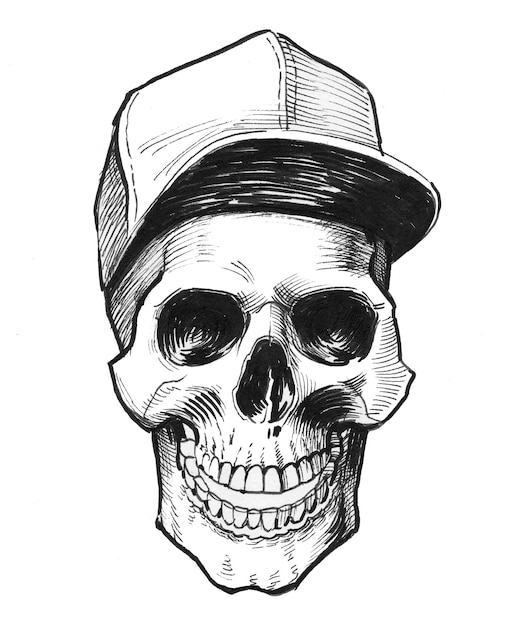 Human skull in cap. Ink black and white drawing