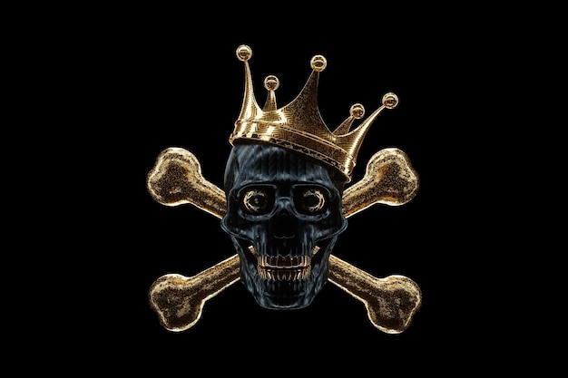 Teschio umano e ossa incrociate jolly roger pirati segno di pericolo design moderno stile rivista immagine creativa modello alla moda stile di lusso nero e oro rendering 3d illustrazione 3d