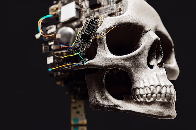 human skull and crossbones skull attached to motherboard and chips, 3d illustration