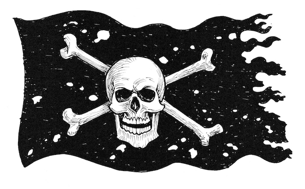 Human skull and crossed bones on pirate's flag. Ink black and white drawing