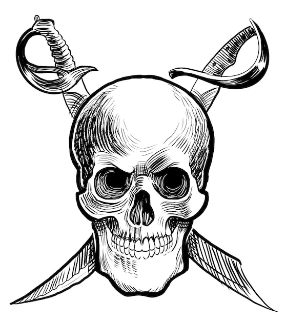 Photo human skull and crossed sabers handdrawn black and white illustration