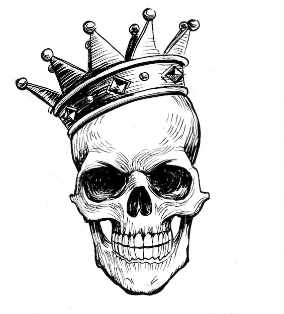 Human skull in crown. Ink black and white drawing