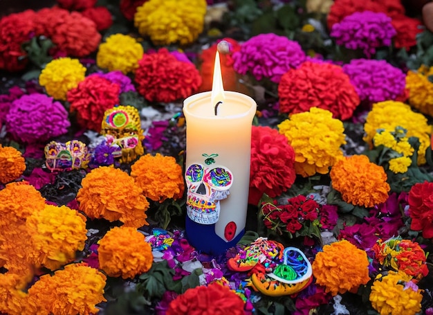 Human skull decorated with candle and flowers Day of the dead concept