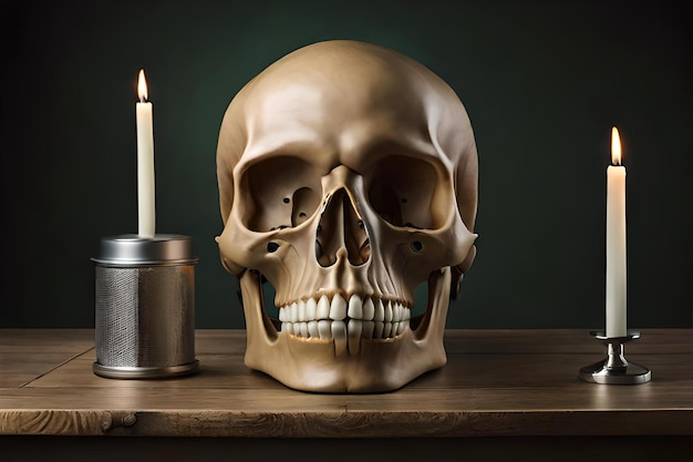 human skull on desk vanity and still life