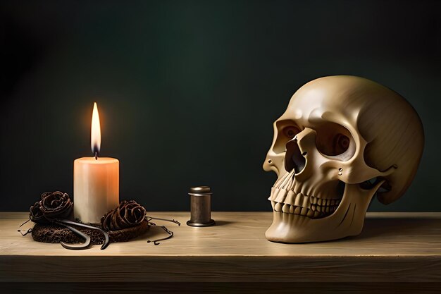 human skull on desk vanity and still life