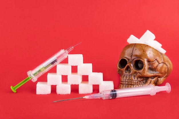 A human skull filled with cubes of refined white sugar on a red background. Copy space.