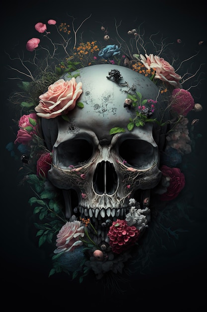 Human skull and flowers on a black background