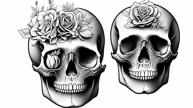 Human Skull and flowers handdrawn illustration