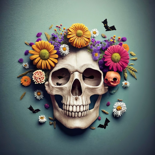 Human skull full flowers halloween