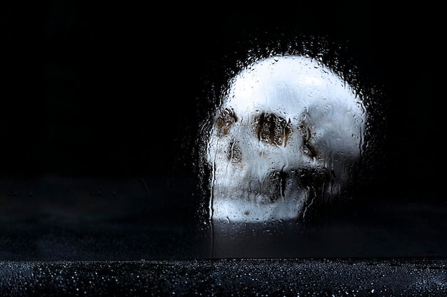어두운 배경의 창문에 물방울이 있는 인간의 두개골 머리 무서운 두개골 할로윈 개념