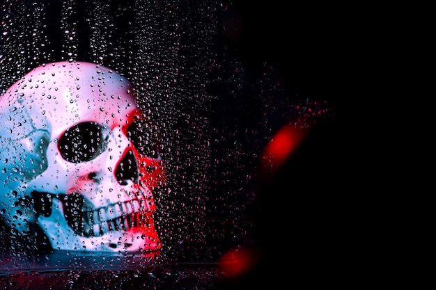 Human skull head with water drop in window in a dark background Scary skull Halloween concept