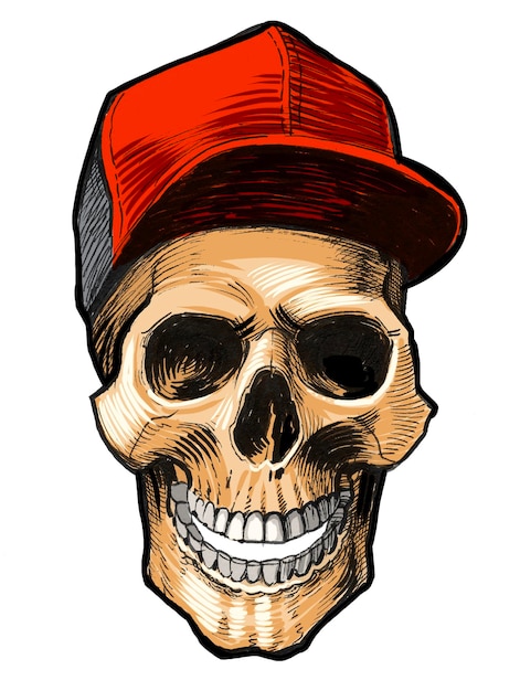 写真 人間の頭蓋骨は赤い帽子で紙に手描きのインクでipadで手でカラー化されています