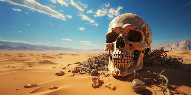 A human skull lies under the bright sun in the desert Copy space