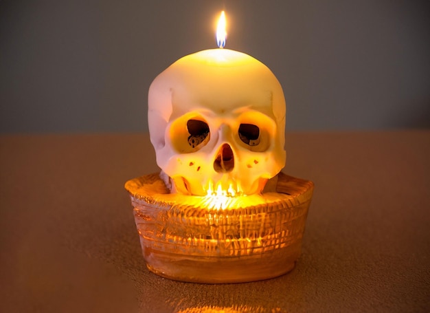 human skull and light of burning candle on dark background