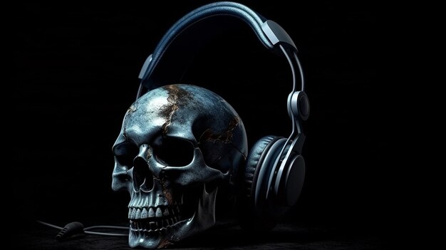 Photo human skull listening to music with headphones on black backgroundgenerative ai