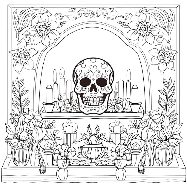 Human skull in the middle of the home altar around candles and flowers For the day of the dead and halloween Black and white picture coloring book