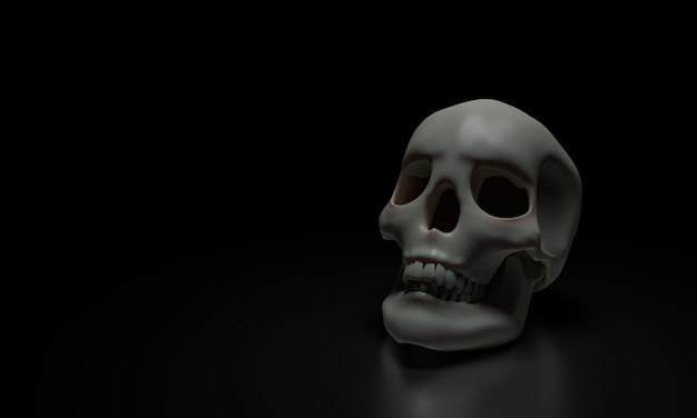 Human skull model clean skull head placed on a shiny surface and a black background 3D Rendering