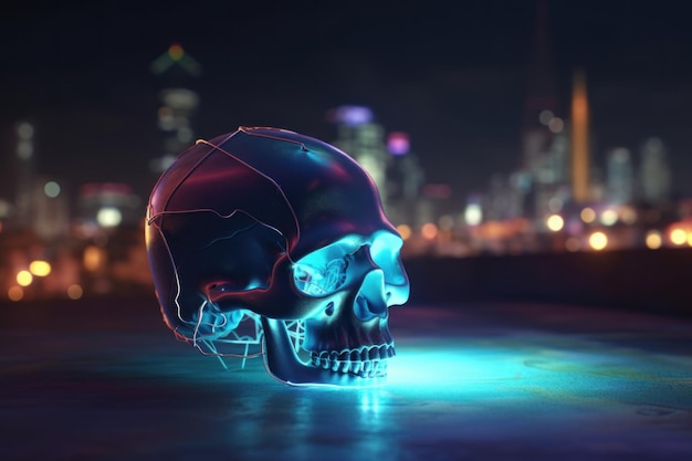 Human skull neon light Generate Ai