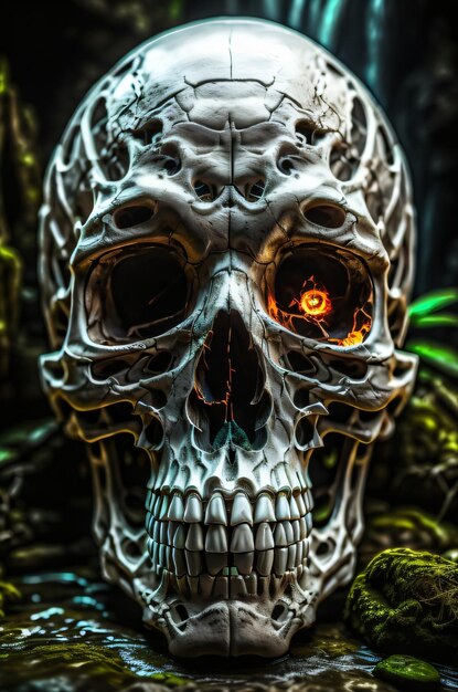 Human skull New dark background and 3d render colorful green leaves Halloween concept ai